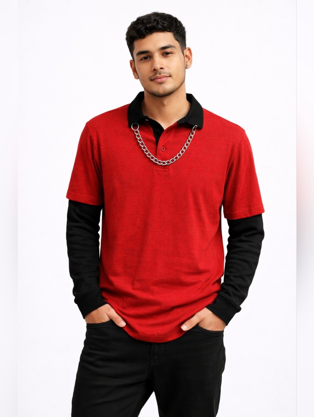Hot Topic Red & Black Layered Chain Polo Shirt – Goth Streetwear – Men’s